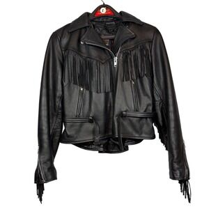 Interstate Leather Women's Belted Black Fringe Lined Motorcycle Jacket, Size L
